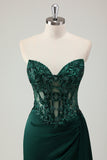 Dark Green Ruched Corset Strapless Mermaid Prom Dress with Slit