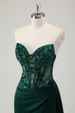 Dark Green Ruched Corset Strapless Mermaid Prom Dress with Slit