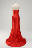 Red Mermaid Pleated Strapless Prom Dress with Split