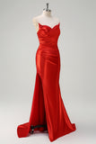Red Mermaid Pleated Strapless Prom Dress with Split