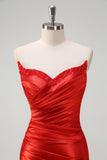 Red Mermaid Pleated Strapless Prom Dress with Split