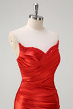 Red Mermaid Pleated Strapless Prom Dress with Split