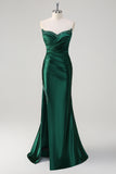 Red Mermaid Pleated Strapless Prom Dress with Split