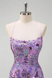 Sparkly Mermaid Slit Purple Prom Dress with Lace-up Back