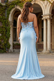 Plus Size Strapless Mermaid Appliqued Corset Sky Blue Prom Dress