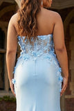 Plus Size Strapless Mermaid Appliqued Corset Sky Blue Prom Dress