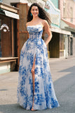 White Blue Flower A Line Corset Prom Dress with Slit