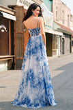 White Blue Flower A Line Corset Prom Dress with Slit
