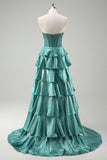 Beaded A Line Tiered Corset Strapless Peacock Green Prom Dress