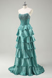 Beaded A Line Tiered Corset Strapless Peacock Green Prom Dress