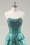 Beaded A Line Tiered Corset Strapless Peacock Green Prom Dress