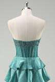 Beaded A Line Tiered Corset Strapless Peacock Green Prom Dress