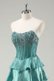 Beaded A Line Tiered Corset Strapless Peacock Green Prom Dress