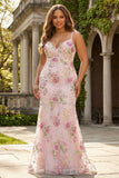 Sparkly Mermaid Pius Size Pink Floral Prom Dress