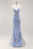 Sequins Mermaid Spaghetti Straps Black Prom Dress with Appliques