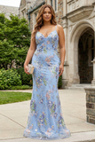 Blue Floral Plus Size Mermaid Sequin Maxi Prom Dress