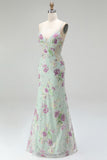 Sequins Mermaid Spaghetti Straps Pink Prom Dress with Appliques