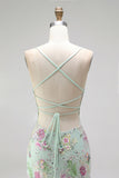 Sequins Mermaid Spaghetti Straps Pink Prom Dress with Appliques