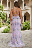 Blue Floral Plus Size Mermaid Sequin Maxi Prom Dress