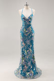 Sequins Mermaid Spaghetti Straps Black Prom Dress with Appliques