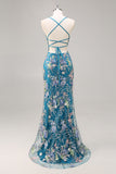 Sequins Mermaid Spaghetti Straps Black Prom Dress with Appliques