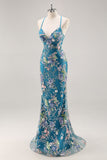 Sequins Mermaid Spaghetti Straps Black Prom Dress with Appliques