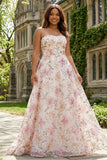 Sparkly Pink Floral A-Line Strapless Plus Size Maxi Prom Dress