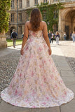 Sparkly Pink Floral A-Line Strapless Plus Size Maxi Prom Dress