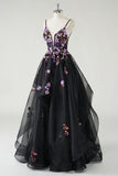 Black Sequined Corset Spaghetti Straps A Line Tulle Prom Dress