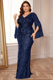 Glitter Black A Line V Neck Plus Size Maxi Wedding Guest Dress