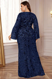 Glitter Black A Line V Neck Plus Size Maxi Wedding Guest Dress