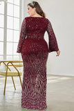 Sparkly Burgundy V Neck Maxi Dress with Split Sleeves