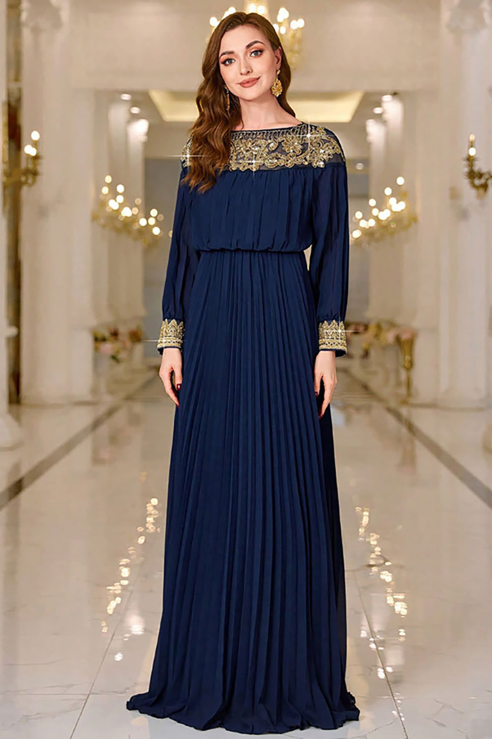 Berylove Women Sparkly Navy Maxi Dress Sheath Pleated Boat Neck Maxi Dress with Long Sleeves, Navy / L Berylove Women Sparkly Navy Maxi Dress Sheath Pleated Boat Neck Maxi Dress with Long Sleeves, Navy / L