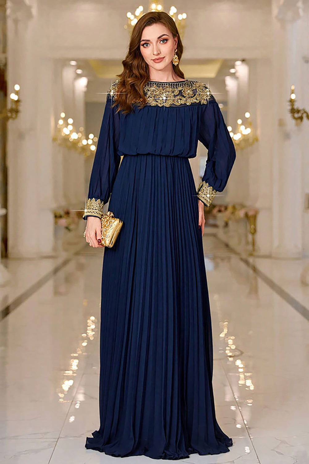 Berylove Women Sparkly Navy Maxi Dress Sheath Pleated Boat Neck Maxi Dress with Long Sleeves, Navy / L Berylove Women Sparkly Navy Maxi Dress Sheath Pleated Boat Neck Maxi Dress with Long Sleeves, Navy / L
