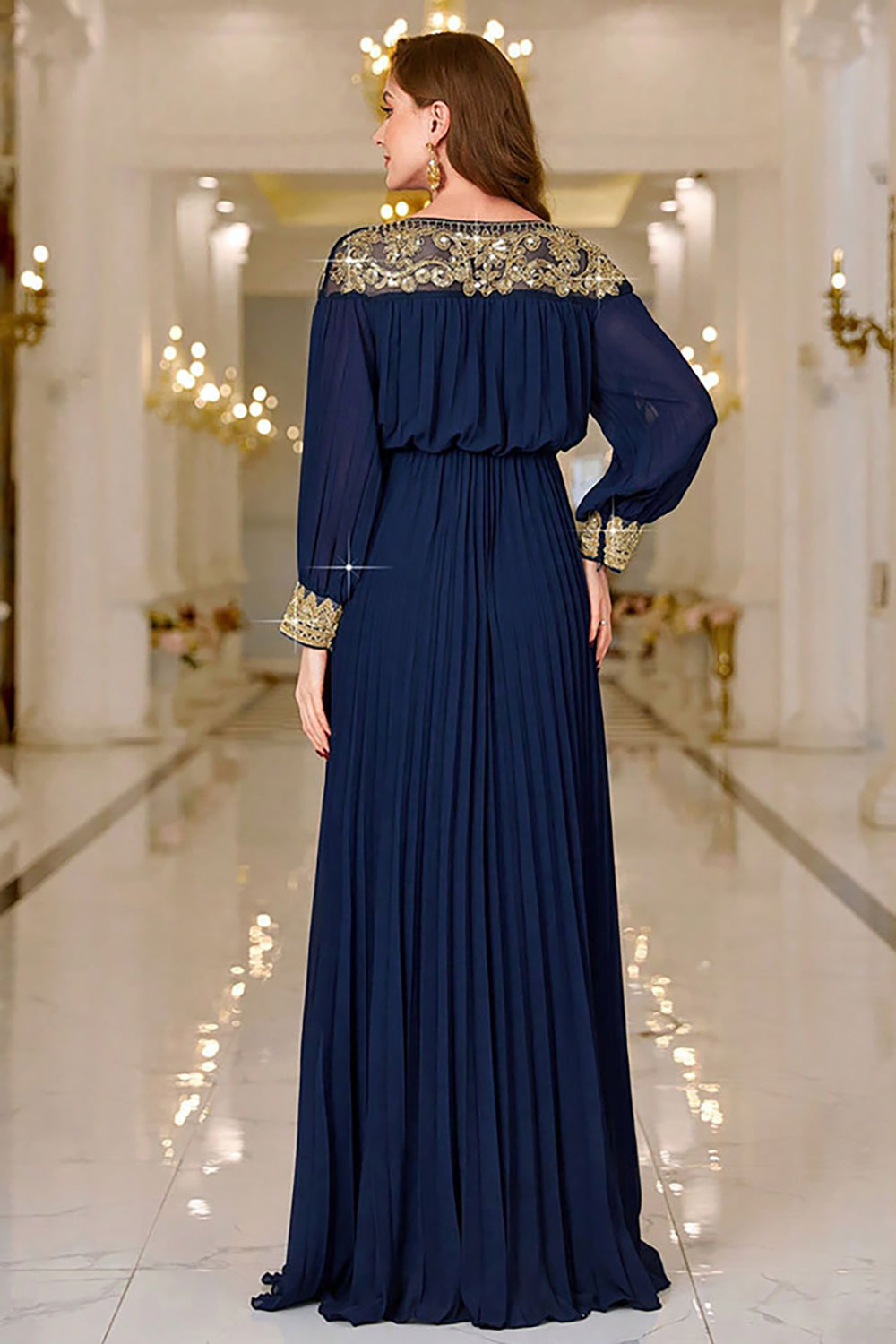 Berylove Women Sparkly Navy Maxi Dress Sheath Pleated Boat Neck Maxi Dress with Long Sleeves, Navy / L Berylove Women Sparkly Navy Maxi Dress Sheath Pleated Boat Neck Maxi Dress with Long Sleeves, Navy / L