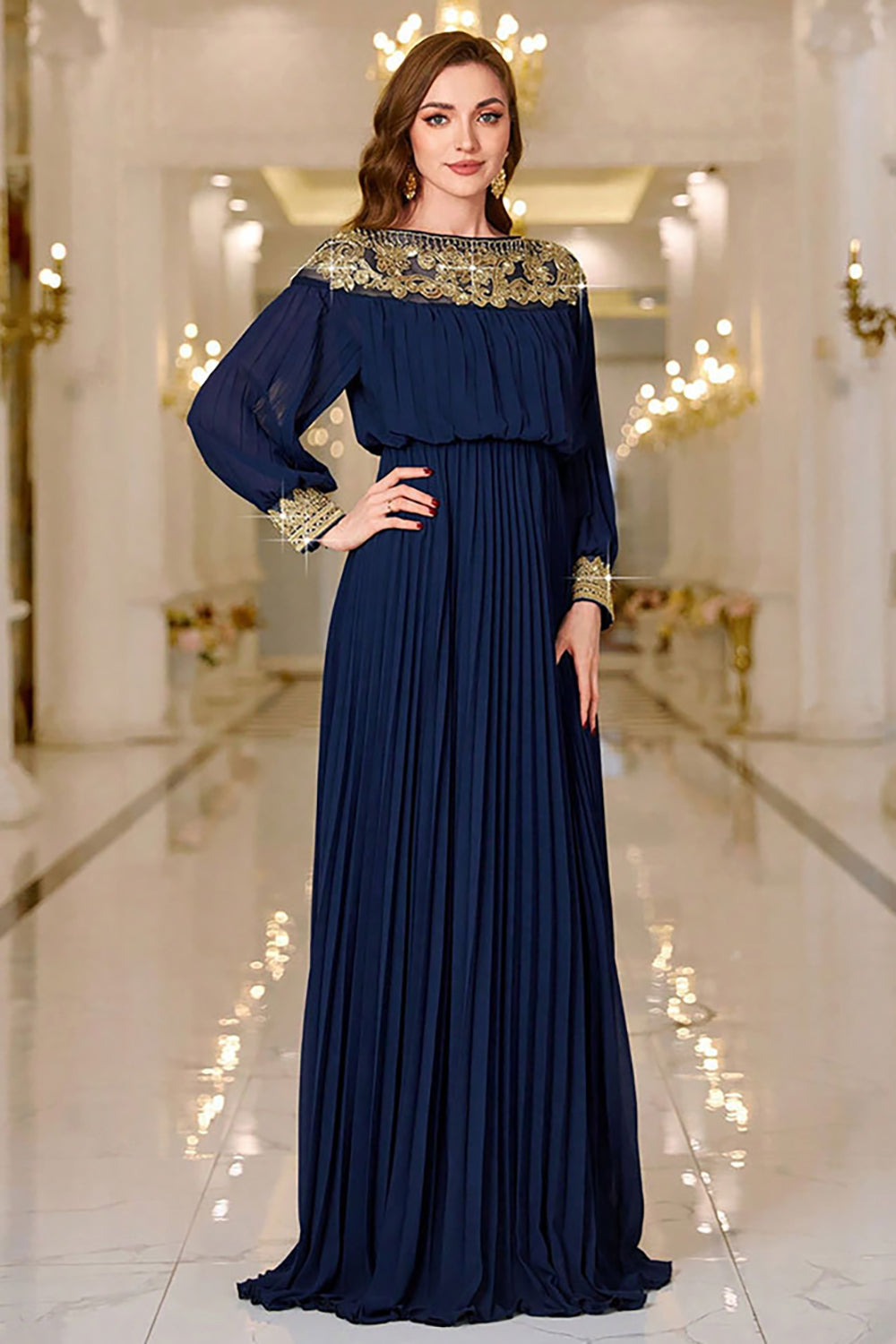 Berylove Women Sparkly Navy Maxi Dress Sheath Pleated Boat Neck Maxi Dress with Long Sleeves, Navy / L Berylove Women Sparkly Navy Maxi Dress Sheath Pleated Boat Neck Maxi Dress with Long Sleeves, Navy / L