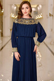 Sparkly Navy Sheath Pleated Maxi Dress with Long Sleeves