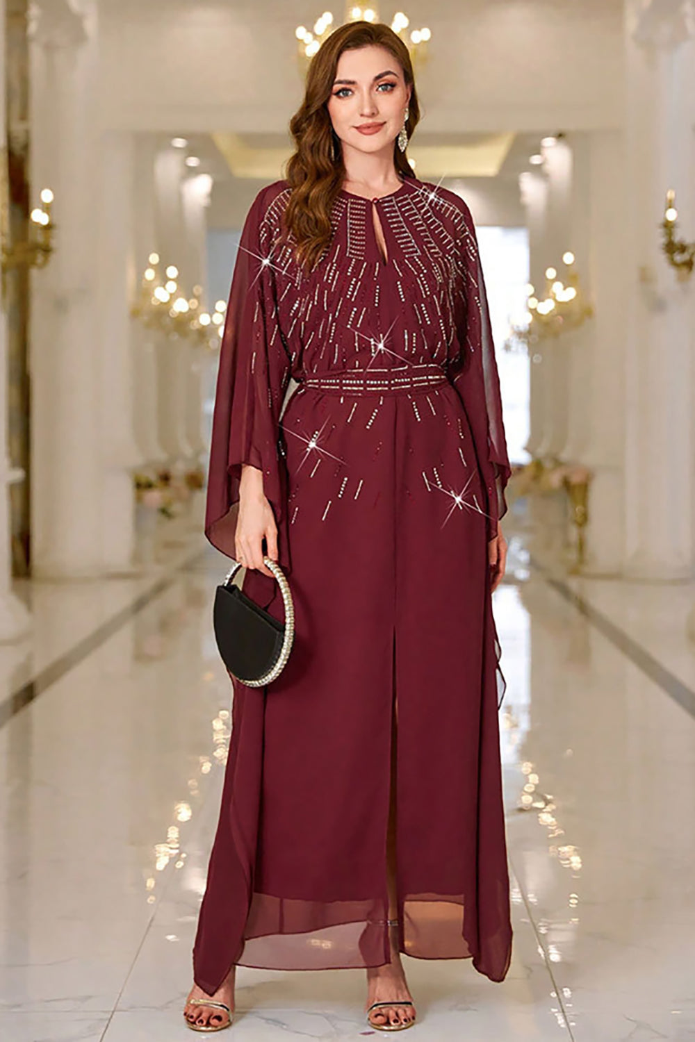 Berylove Women Sparkly Burgundy Maxi Dress Chiffon Wedding Guest Dress with Flared Sleeves, Burgundy / S Berylove Women Sparkly Burgundy Maxi Dress Chiffon Wedding Guest Dress with Flared Sleeves, Burgundy / S