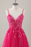 Fuchsia Floral Sequin Slit A Line Tulle Maxi Dress with Lace-up Back