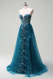 Sparkly Peacock Blue Strapless Corset Prom Dress with Detachable Tulle