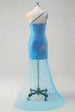 Blue One Shoulder Sequined Tight Prom Dress