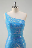 Blue One Shoulder Sequined Tight Prom Dress