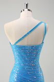 Blue One Shoulder Sequined Tight Prom Dress