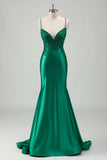 Green Mermaid Satin Maxi Prom Dress with Appliques