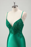 Green Mermaid Satin Maxi Prom Dress with Appliques