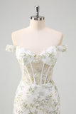 Light Green Floral Embroidery Corset Off the Shoulder Mermaid Prom Dress with Slit