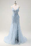 Green Tulle Slit Beaded Floor Length Prom Dress with 3D Appliques