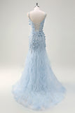 Green Tulle Slit Beaded Floor Length Prom Dress with 3D Appliques