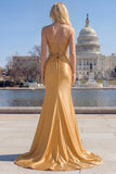 Satin Mermaid Gloden Sequined Corset Prom Dress with Slit