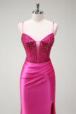Beaded Corset Mermaid Fuchsia Prom Dress with Slit